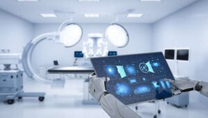 tecnologia medica com mao robo segura o tablet na sala de cirurgia