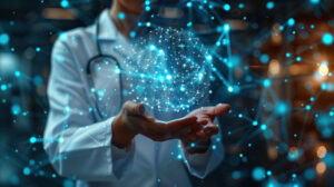 Médico segura ícone de saúde e registro médico eletrônico na interface