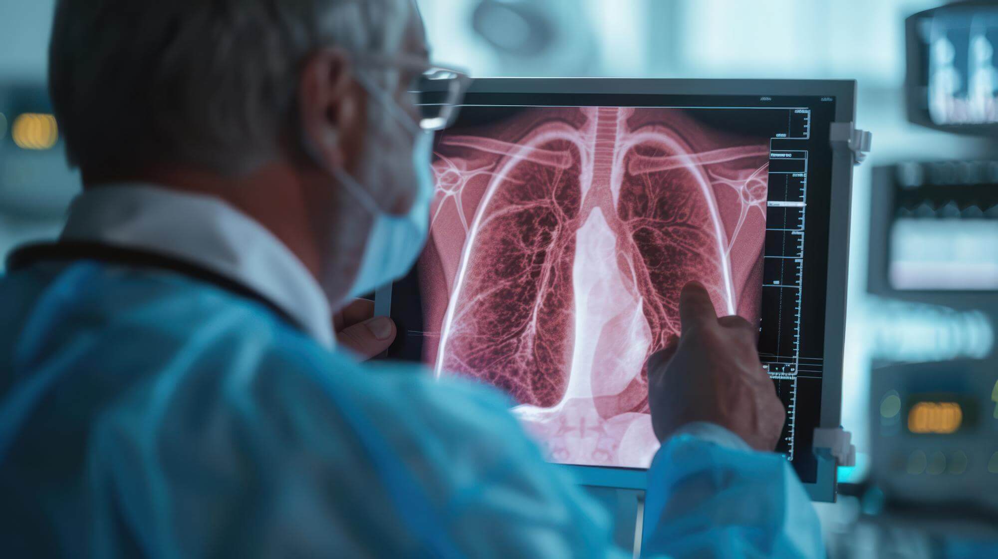 Um médico está olhando para uma tomografia computadorizada dos pulmões de um paciente