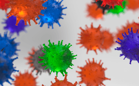 A imagem de vírus de cores diferentes em um fundo local o conceito de microbiologia e doença