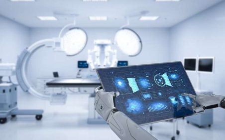 tecnologia medica com mao robo segura o tablet na sala de cirurgia